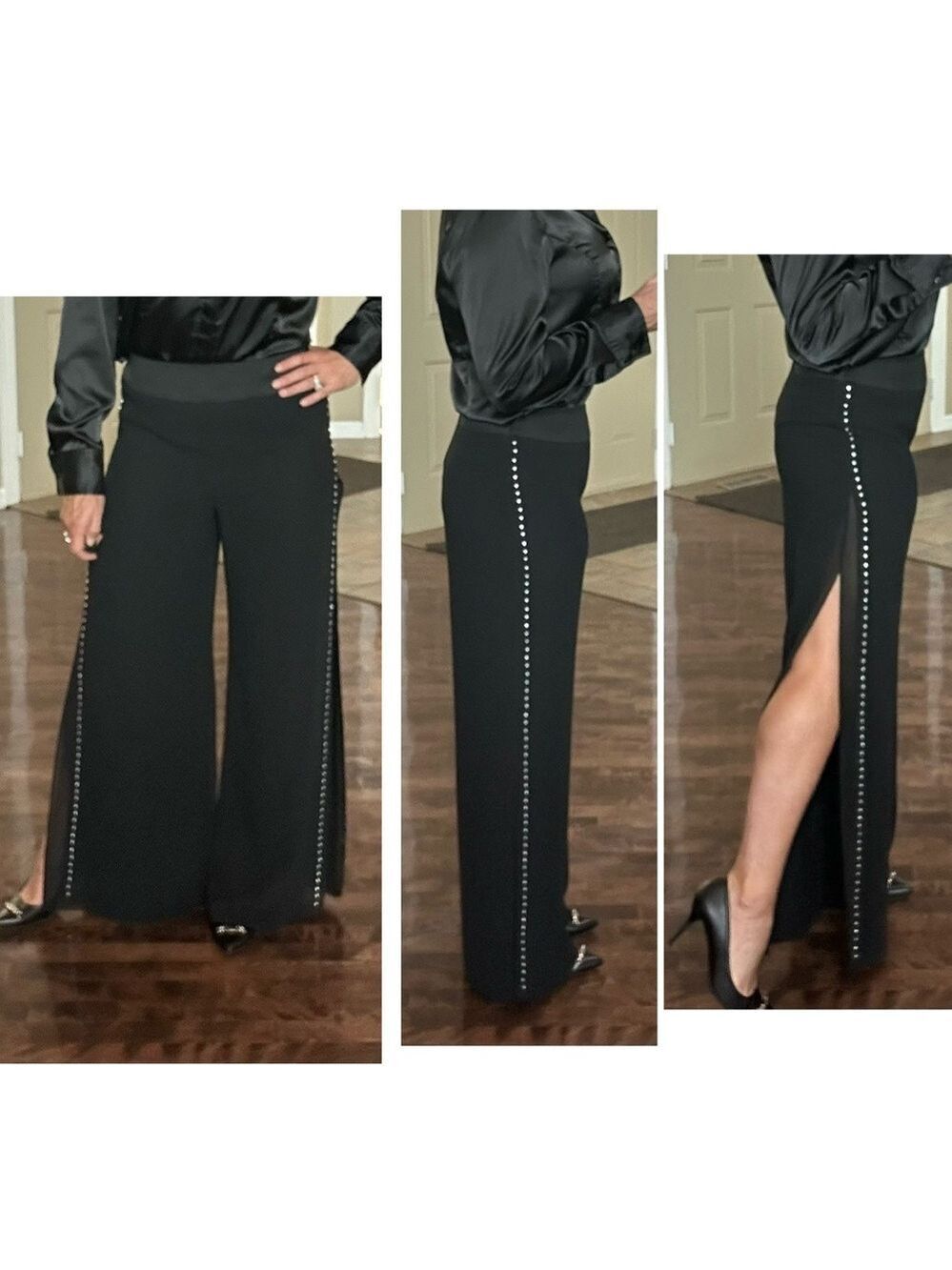 JS Collections black layered rhinestone trim chiffon high slit dress pants Sz 8